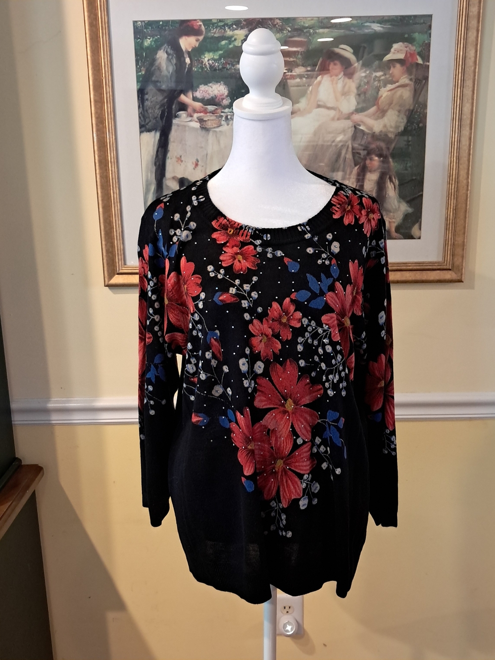 Cathy Daniels Black Floral Women's Sweater with Red & Blue Blooms Size XL